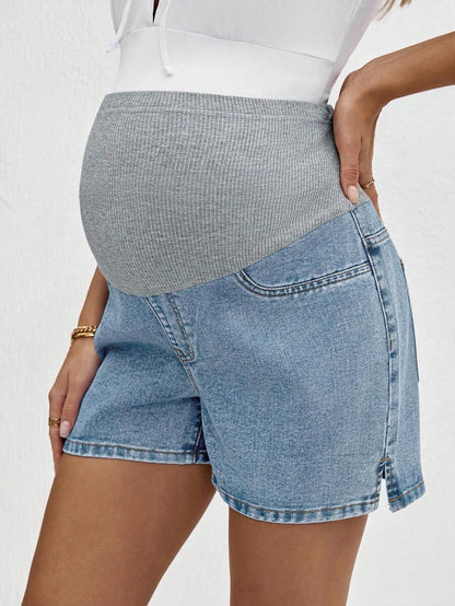 Maternity Denim Shorts - High Waist, Ribbed Patchwork, Pockets, Loose, Light Wash Blue
