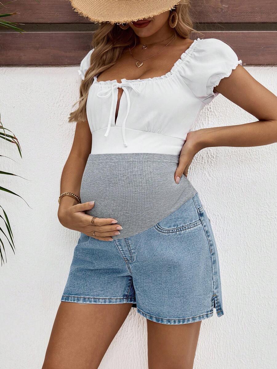 Maternity Denim Shorts - High Waist, Ribbed Patchwork, Pockets, Loose, Light Wash Blue