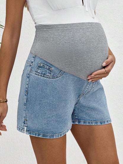 Maternity Denim Shorts - High Waist, Ribbed Patchwork, Pockets, Loose, Light Wash Blue