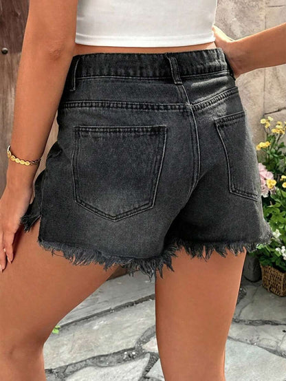 Black Maternity Denim Shorts with Frayed Hem – Casual High-Waisted Mini Shorts with Belt Loops & Zipper Fly – 67% Cotton Summer Essential