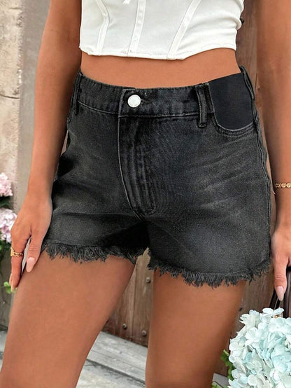 Black Maternity Denim Shorts with Frayed Hem – Casual High-Waisted Mini Shorts with Belt Loops & Zipper Fly – 67% Cotton Summer Essential