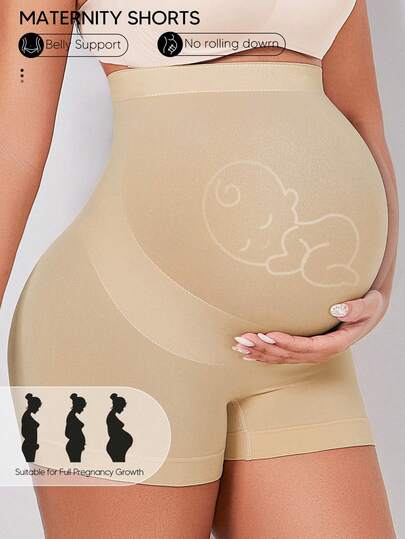 Maternity High Waist Rib-Knit Yoga Shorts with Elastic Belly Support Panel, Geometric Print Winter Activewear, Beige