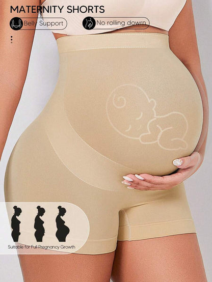 Maternity High Waist Rib-Knit Yoga Shorts with Elastic Belly Support Panel, Geometric Print Winter Activewear, Beige
