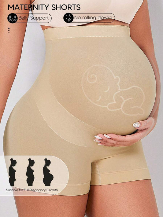 Maternity High Waist Rib-Knit Yoga Shorts with Elastic Belly Support Panel, Geometric Print Winter Activewear, Beige