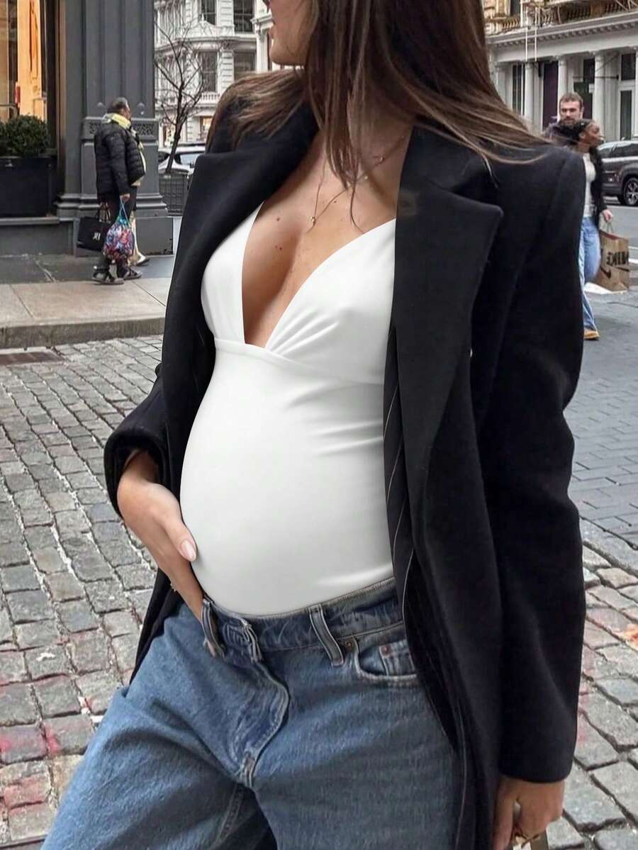 Elegant Black Deep V Neck Sleeveless Bodysuit, High Stretch Slim Fit Office Layering Top, Chic Plain Maternity Friendly Bodysuit