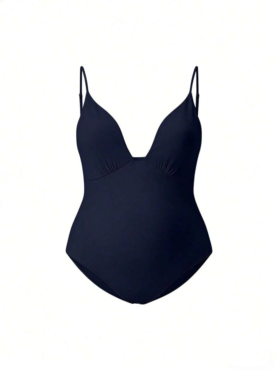 Elegant Black Deep V Neck Sleeveless Bodysuit, High Stretch Slim Fit Office Layering Top, Chic Plain Maternity Friendly Bodysuit