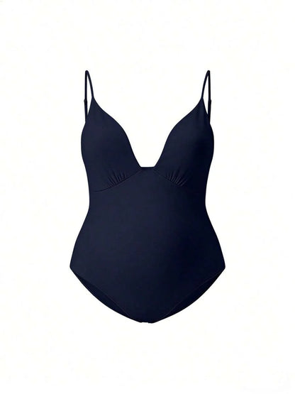 Elegant Black Deep V Neck Sleeveless Bodysuit, High Stretch Slim Fit Office Layering Top, Chic Plain Maternity Friendly Bodysuit