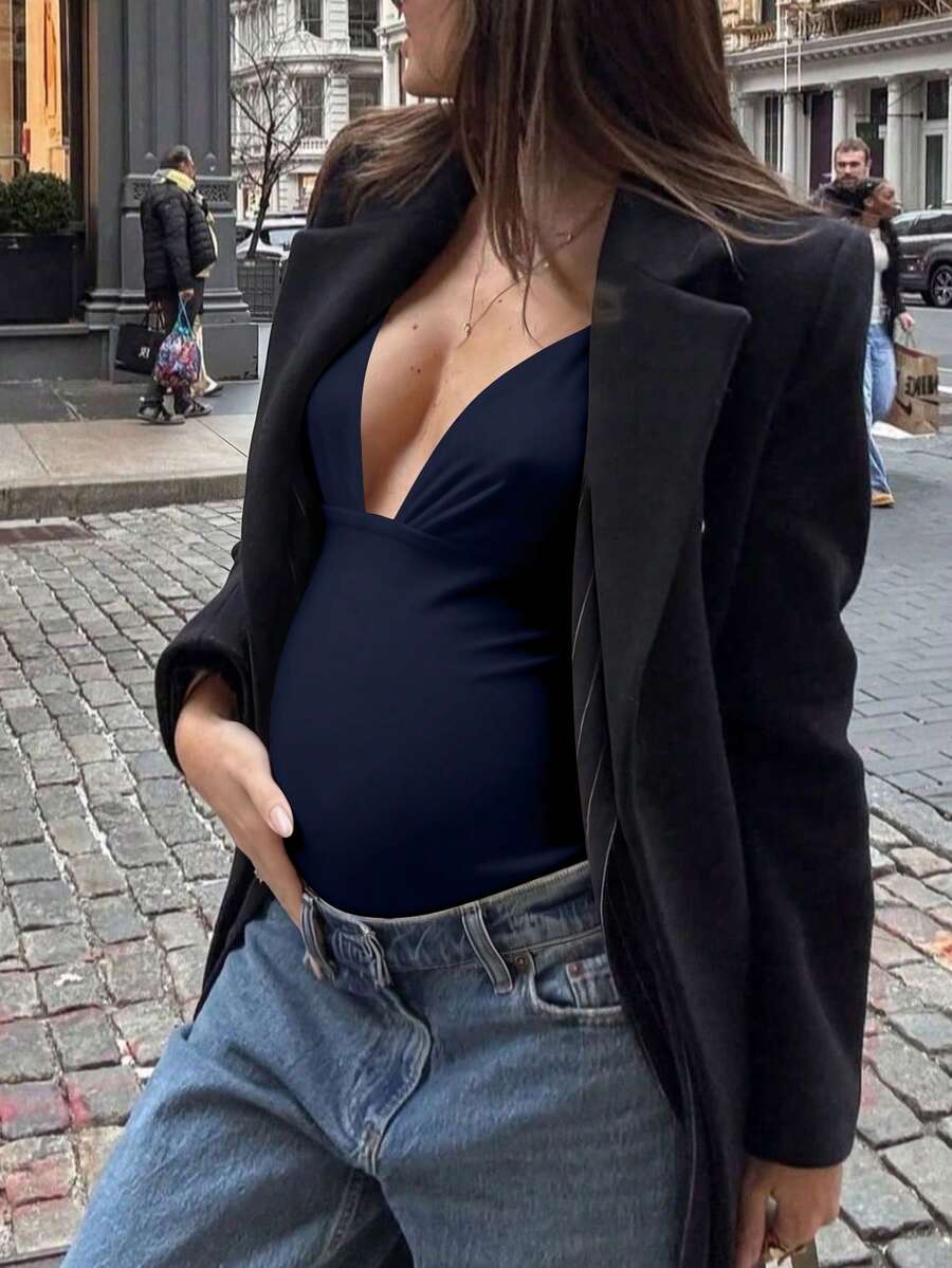 Elegant Black Deep V Neck Sleeveless Bodysuit, High Stretch Slim Fit Office Layering Top, Chic Plain Maternity Friendly Bodysuit