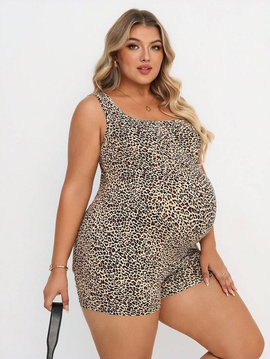 Plus Size Leopard Print Square Neck Maternity Romper - Slim Fit Casual Beach Jumpsuit