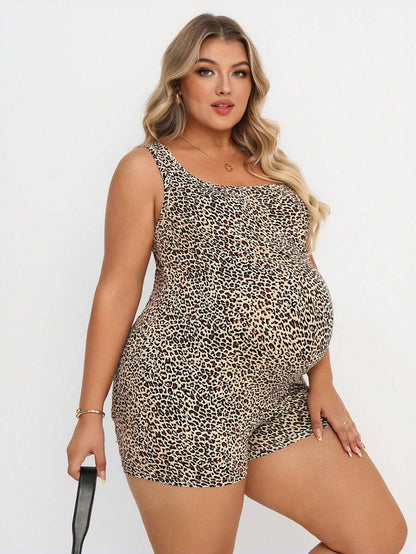 Plus Size Leopard Print Square Neck Maternity Romper - Slim Fit Casual Beach Jumpsuit
