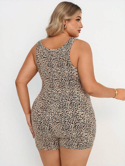 Plus Size Leopard Print Square Neck Maternity Romper - Slim Fit Casual Beach Jumpsuit