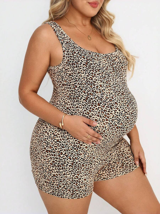 Plus Size Leopard Print Square Neck Maternity Romper - Slim Fit Casual Beach Jumpsuit