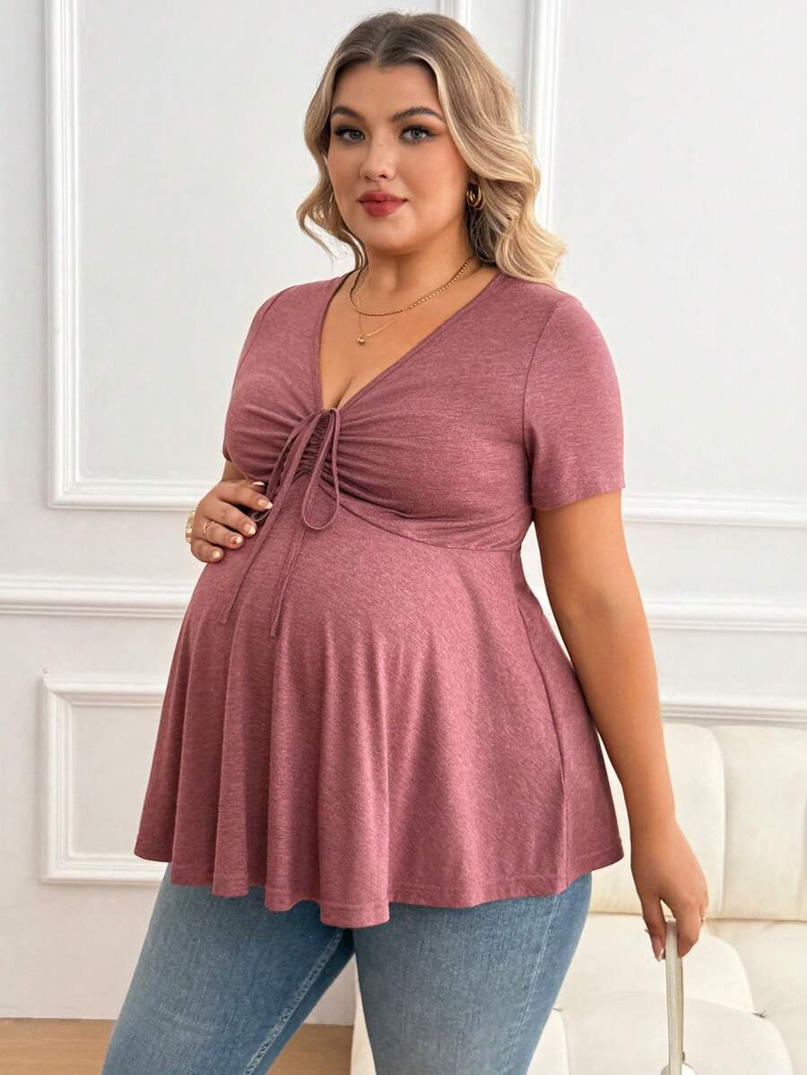 Plus Size Maternity Top - V Neck, Short Sleeve, Drawstring Knot, Slim Fit, Pink