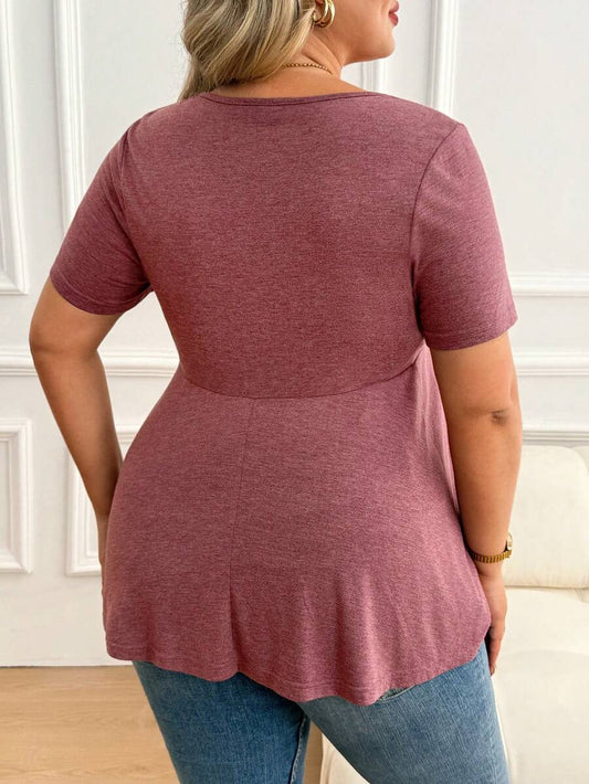Plus Size Maternity Top - V Neck, Short Sleeve, Drawstring Knot, Slim Fit, Pink