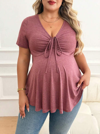 Plus Size Maternity Top - V Neck, Short Sleeve, Drawstring Knot, Slim Fit, Pink