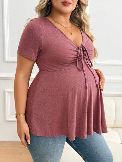 Plus Size Maternity Top - V Neck, Short Sleeve, Drawstring Knot, Slim Fit, Pink