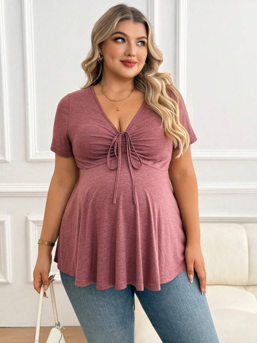 Plus Size Maternity Top - V Neck, Short Sleeve, Drawstring Knot, Slim Fit, Pink