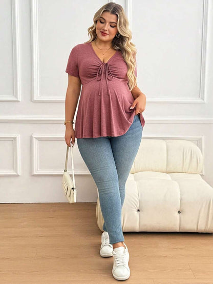 Plus Size Maternity Top - V Neck, Short Sleeve, Drawstring Knot, Slim Fit, Pink