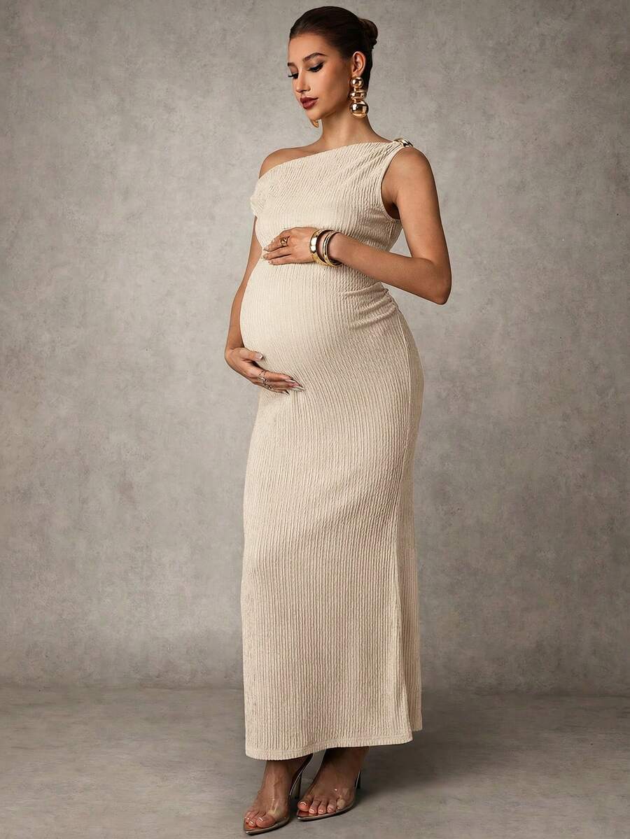 Maternity Casual Oblique Shoulder Sleeveless Long Dress Elegant Dresses Baby Shower Pregnancy Photoshoot Green Pregnant Bump Friendly
