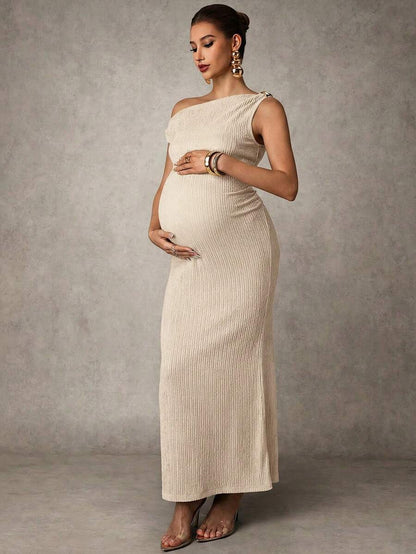 Maternity Casual Oblique Shoulder Sleeveless Long Dress Elegant Dresses Baby Shower Pregnancy Photoshoot Green Pregnant Bump Friendly