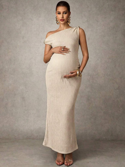 Maternity Casual Oblique Shoulder Sleeveless Long Dress Elegant Dresses Baby Shower Pregnancy Photoshoot Green Pregnant Bump Friendly