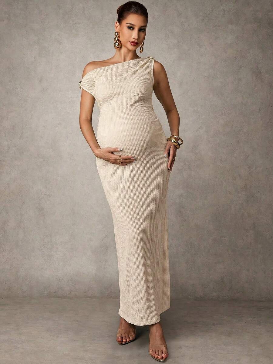 Maternity Casual Oblique Shoulder Sleeveless Long Dress Elegant Dresses Baby Shower Pregnancy Photoshoot Green Pregnant Bump Friendly