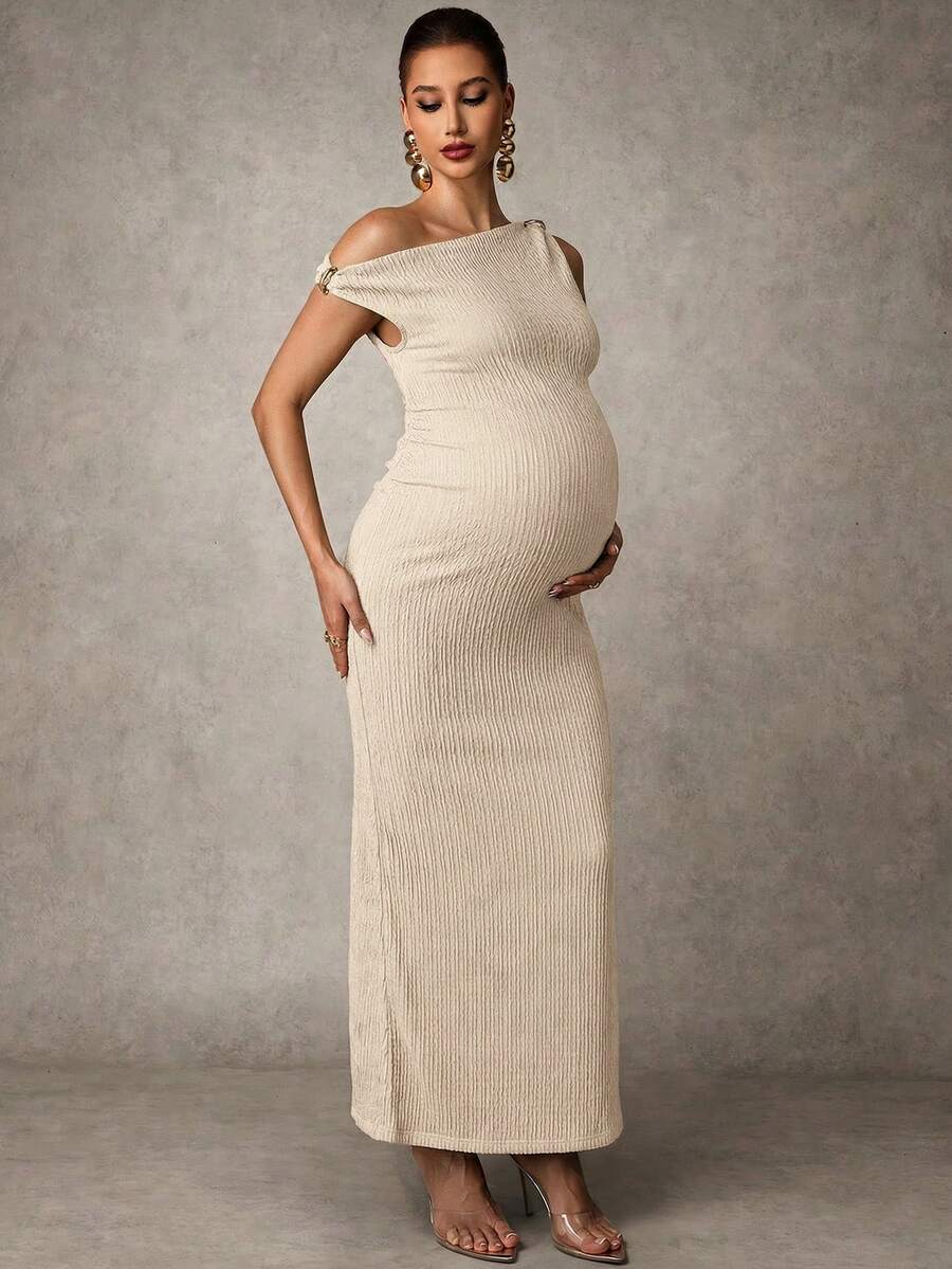 Maternity Casual Oblique Shoulder Sleeveless Long Dress Elegant Dresses Baby Shower Pregnancy Photoshoot Green Pregnant Bump Friendly