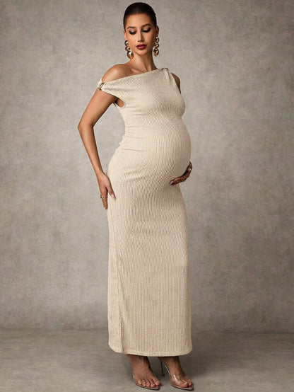 Maternity Casual Oblique Shoulder Sleeveless Long Dress Elegant Dresses Baby Shower Pregnancy Photoshoot Green Pregnant Bump Friendly