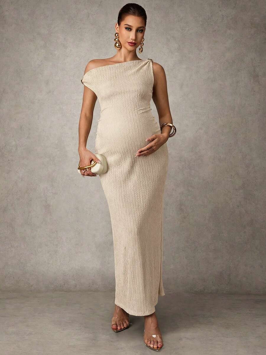 Maternity Casual Oblique Shoulder Sleeveless Long Dress Elegant Dresses Baby Shower Pregnancy Photoshoot Green Pregnant Bump Friendly