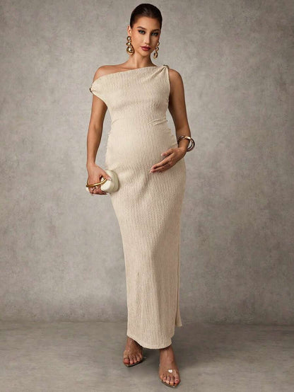 Maternity Casual Oblique Shoulder Sleeveless Long Dress Elegant Dresses Baby Shower Pregnancy Photoshoot Green Pregnant Bump Friendly