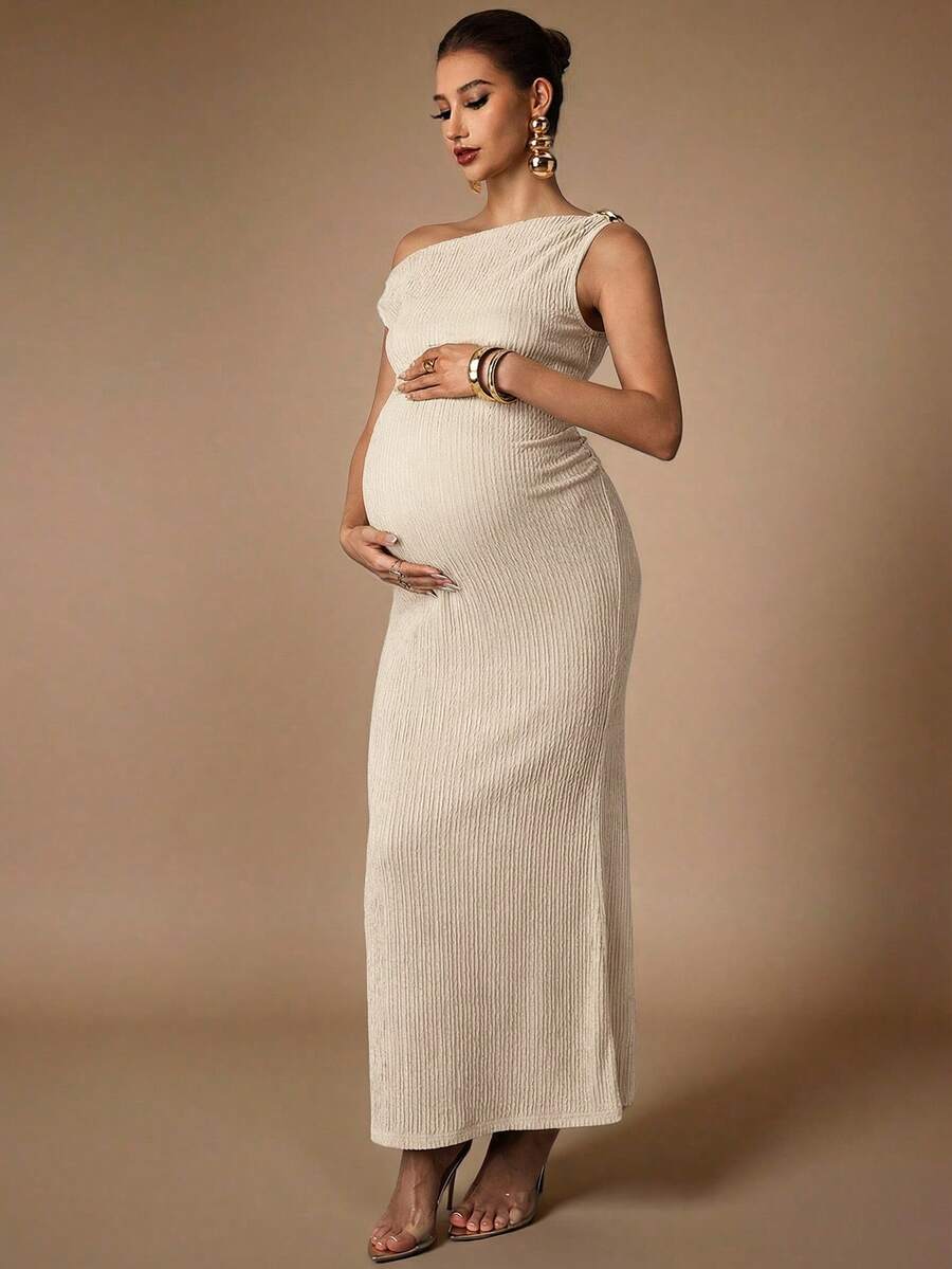 Maternity Casual Oblique Shoulder Sleeveless Long Dress Elegant Dresses Baby Shower Pregnancy Photoshoot Green Pregnant Bump Friendly