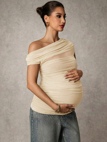 Brown Off-Shoulder Maternity Top with Mesh Ruching Elegant Slim Fit Short Sleeve Stand Collar Shirt for Pregnancy Night Out