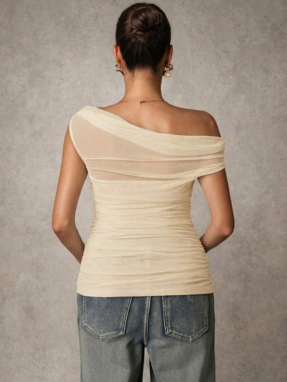 Brown Off-Shoulder Maternity Top with Mesh Ruching Elegant Slim Fit Short Sleeve Stand Collar Shirt for Pregnancy Night Out