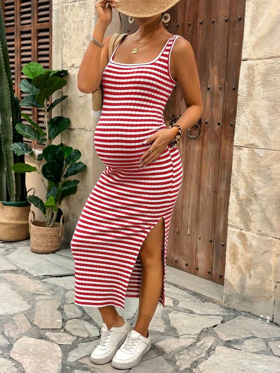 Lyckli Women's Casual Spaghetti Strap Maternity Midi Dress