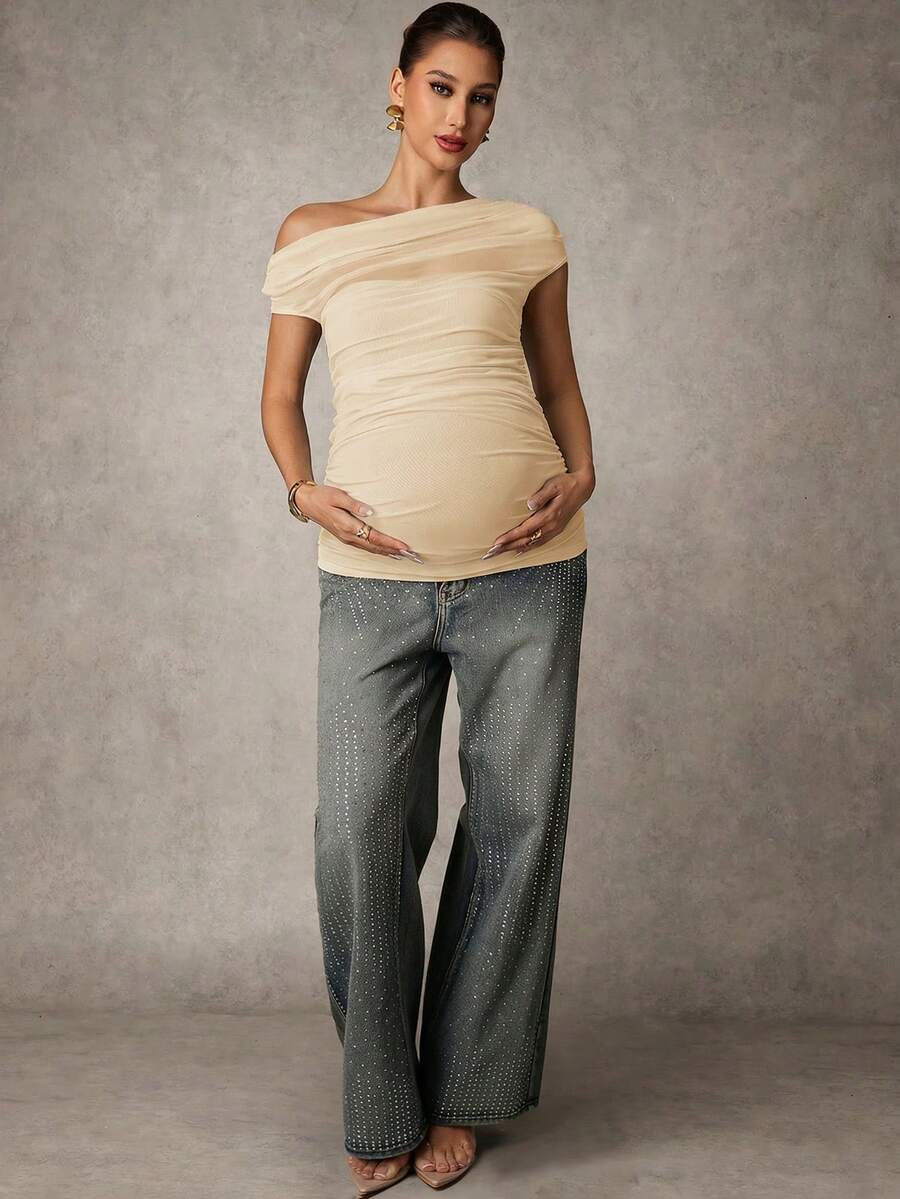 Brown Off-Shoulder Maternity Top with Mesh Ruching Elegant Slim Fit Short Sleeve Stand Collar Shirt for Pregnancy Night Out