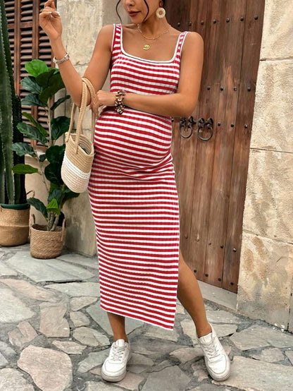 Lyckli Women's Casual Spaghetti Strap Maternity Midi Dress