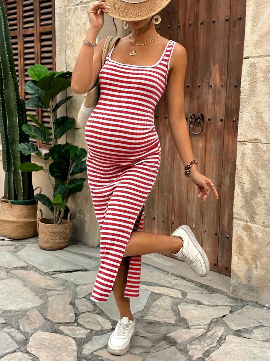 Lyckli Women's Casual Spaghetti Strap Maternity Midi Dress