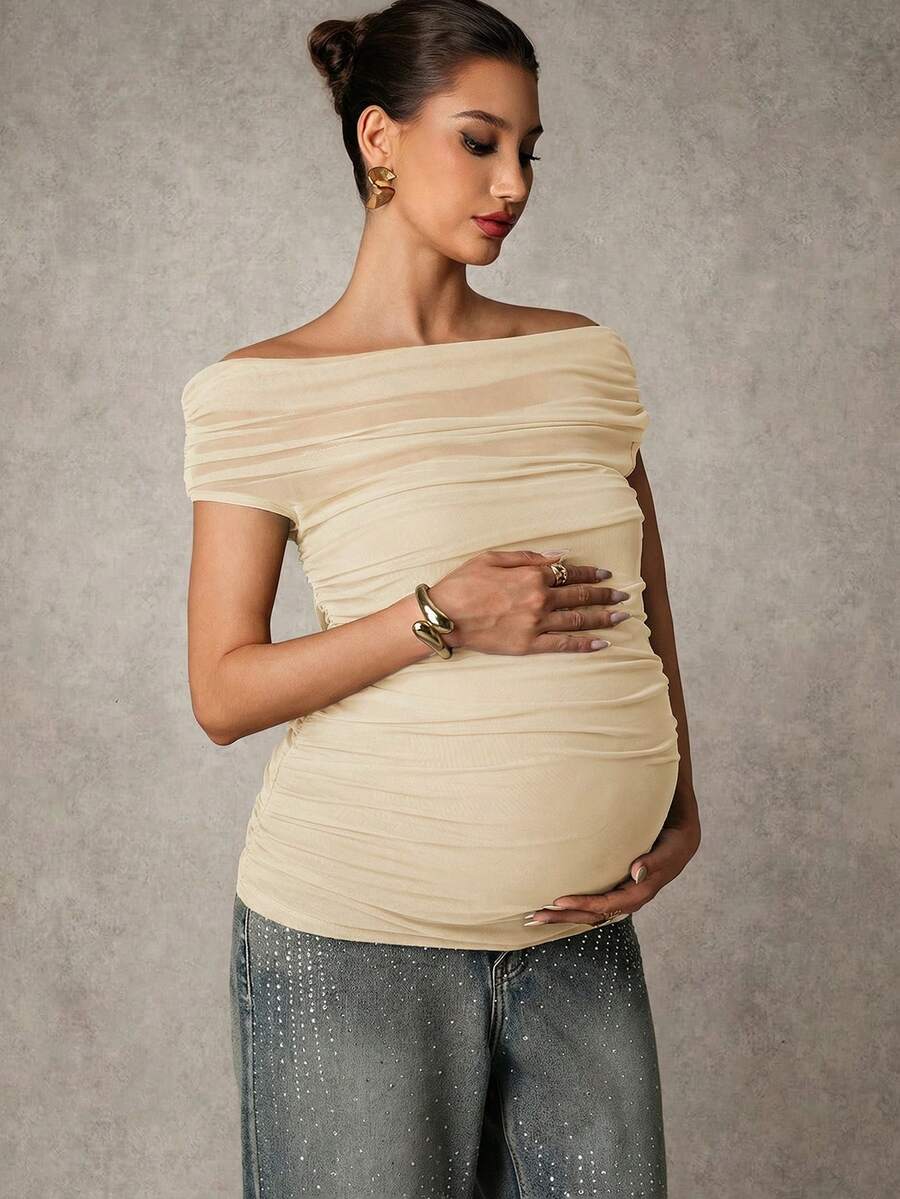 Brown Off-Shoulder Maternity Top with Mesh Ruching Elegant Slim Fit Short Sleeve Stand Collar Shirt for Pregnancy Night Out