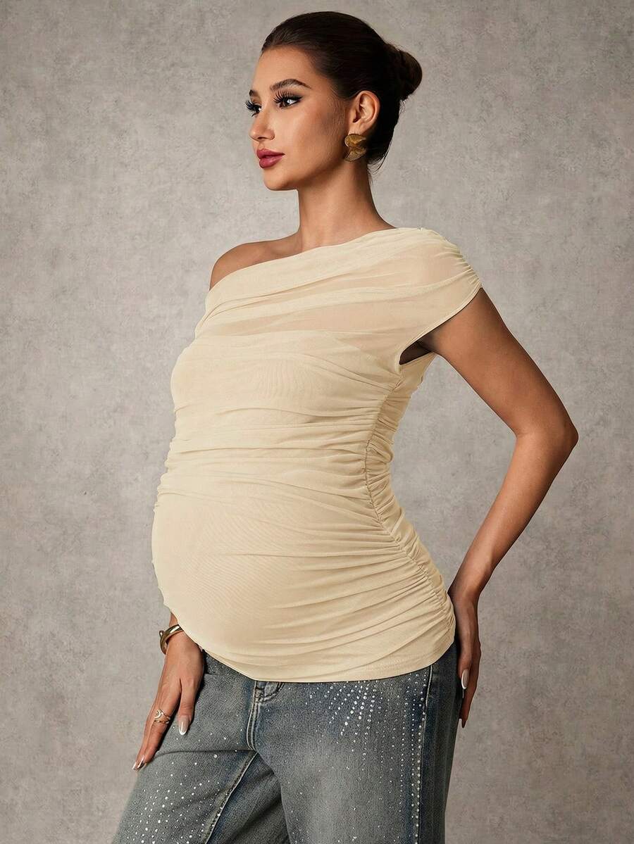 Brown Off-Shoulder Maternity Top with Mesh Ruching Elegant Slim Fit Short Sleeve Stand Collar Shirt for Pregnancy Night Out