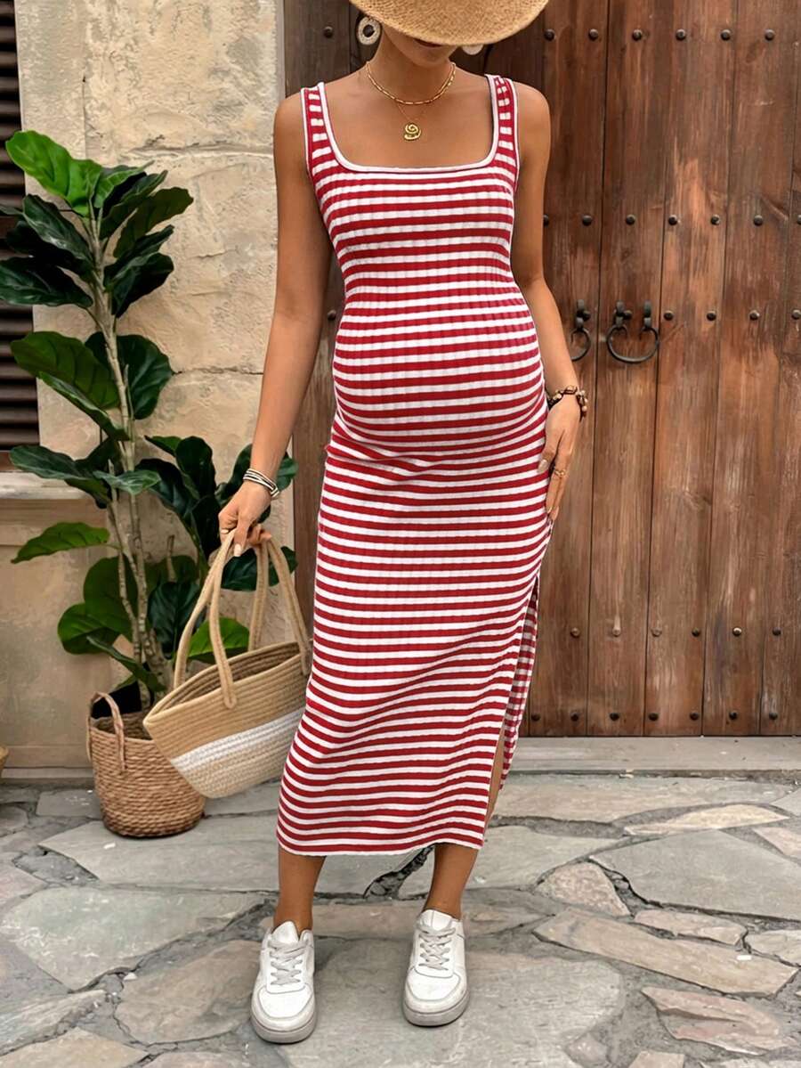 Lyckli Women's Casual Spaghetti Strap Maternity Midi Dress