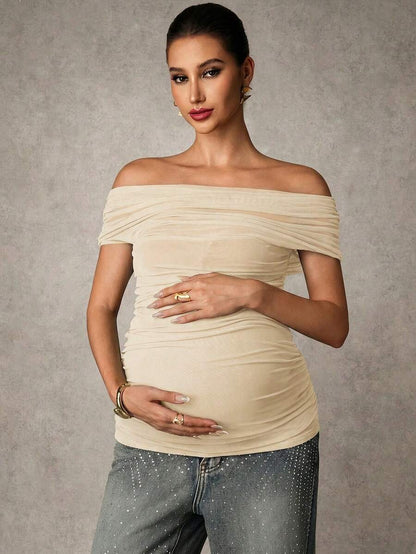 Brown Off-Shoulder Maternity Top with Mesh Ruching Elegant Slim Fit Short Sleeve Stand Collar Shirt for Pregnancy Night Out