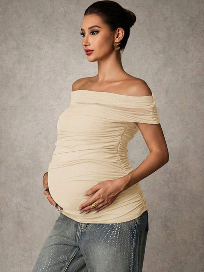Brown Off-Shoulder Maternity Top with Mesh Ruching Elegant Slim Fit Short Sleeve Stand Collar Shirt for Pregnancy Night Out