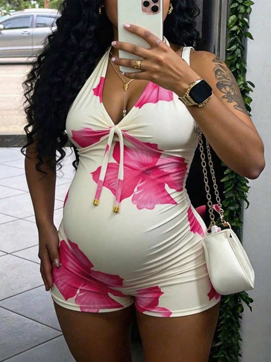 Floral Halter Maternity Jumpsuit Sleeveless Slimming Lace Up Backless Summer Beach Romper with High Stretch Comfort