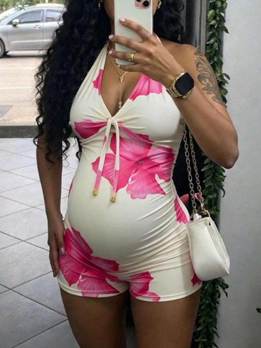 Floral Halter Maternity Jumpsuit Sleeveless Slimming Lace Up Backless Summer Beach Romper with High Stretch Comfort