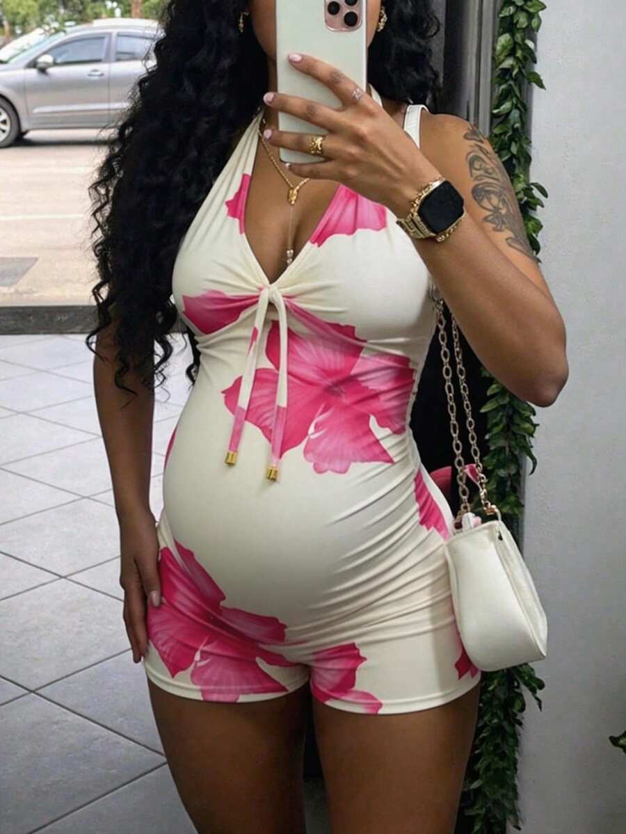 Floral Halter Maternity Jumpsuit Sleeveless Slimming Lace Up Backless Summer Beach Romper with High Stretch Comfort