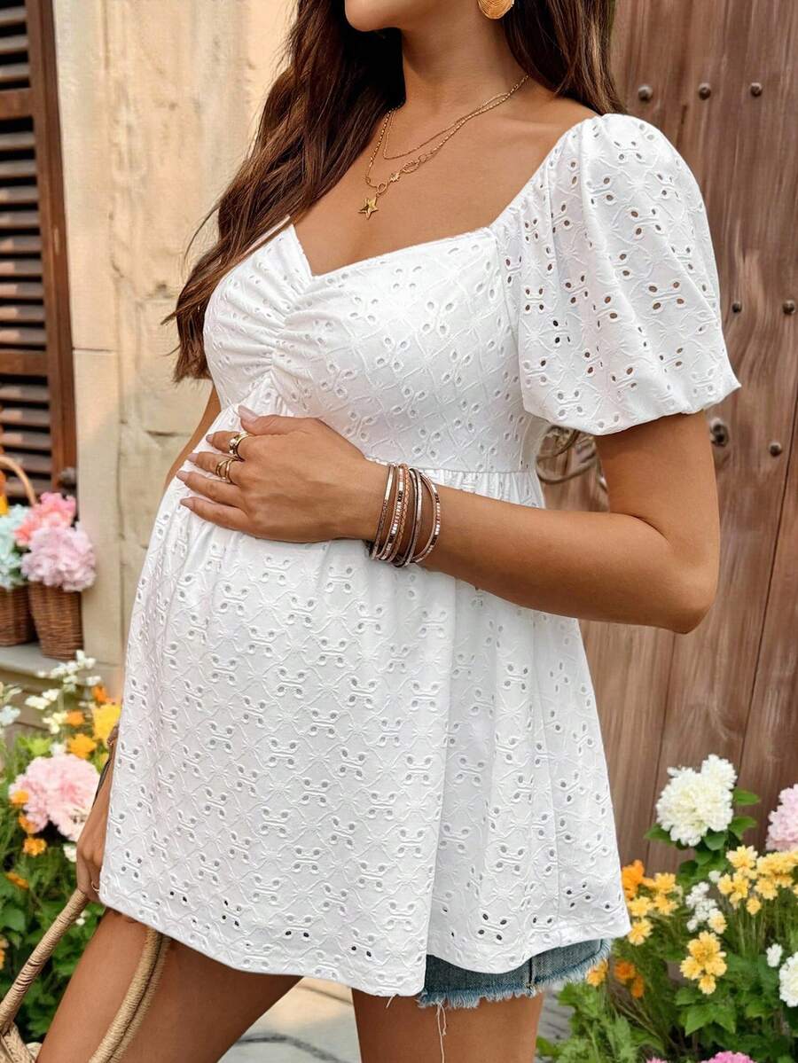 Maternity White Short Sleeve Round Neck Lace Patchwork Bodycon Mini Dress - Slim Fit Knitted Casual Daily Maternity Wear