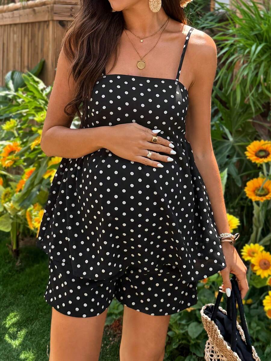 Maternity Polka Dot Print Camisole And Adjustable Waist Shorts Casual 2 Pieces Set