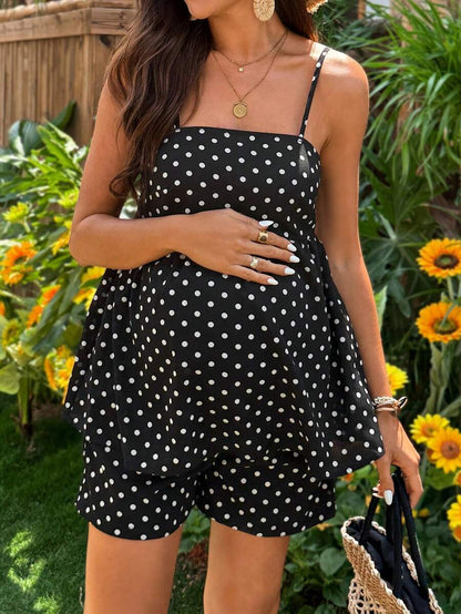 Maternity Polka Dot Print Camisole And Adjustable Waist Shorts Casual 2 Pieces Set