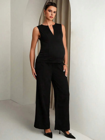 Maternity Solid Color V-Neck Fitted Casual Tank Top - Black Summer Essential