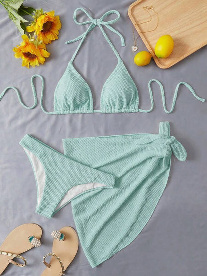Swim Vcay Summer Beach Plain Halter Triangle Bikini Set With Beach Skirt